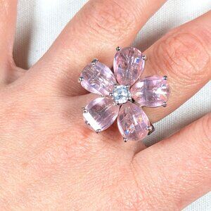 Pink cushion cut large flower ring with sizer, sakura cocktail statement ring